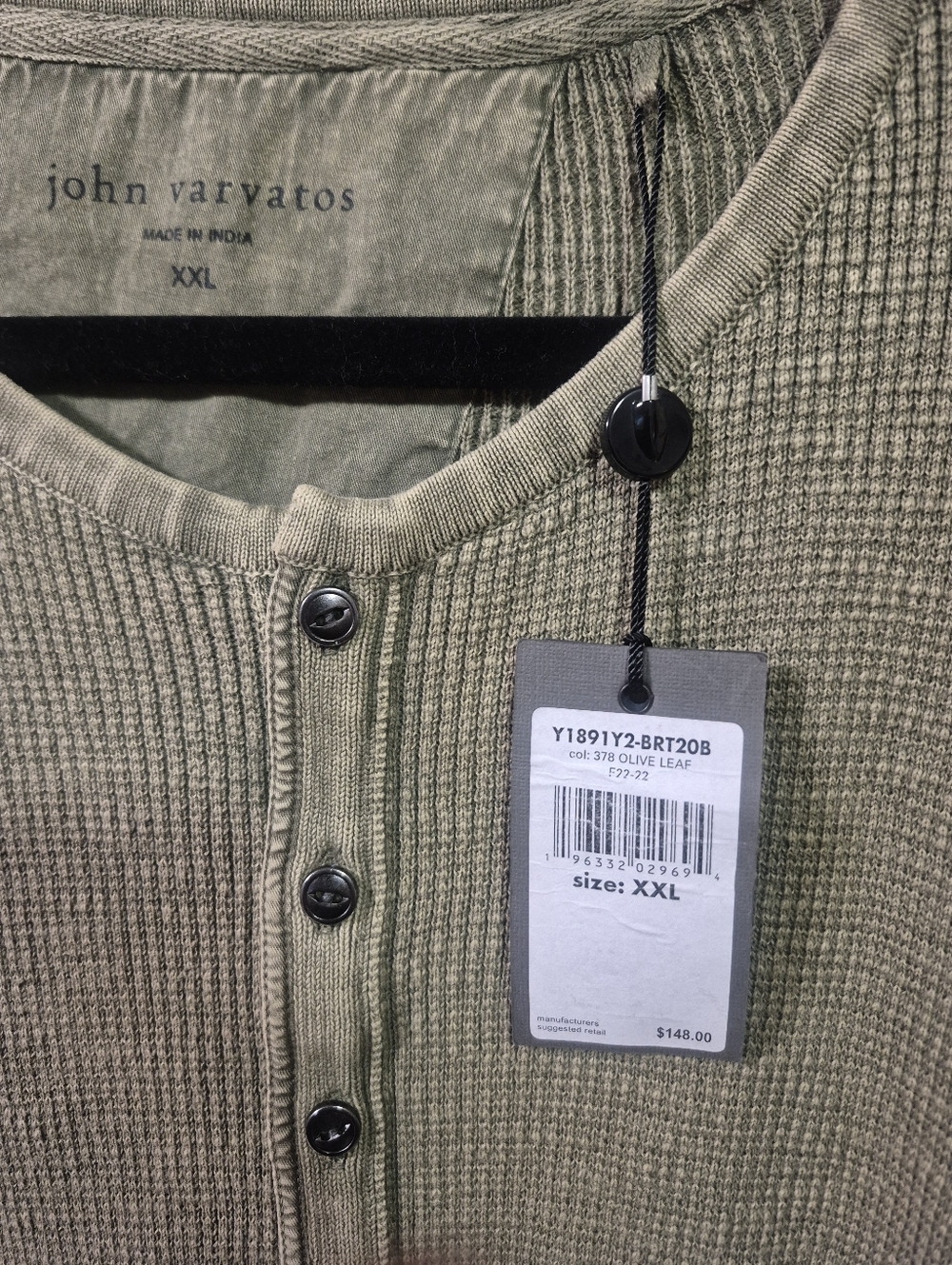 NWT- John Varvatos Olive Long-Sleeve Henley Shirt for Men, Size XXL - Picture 2 of 2